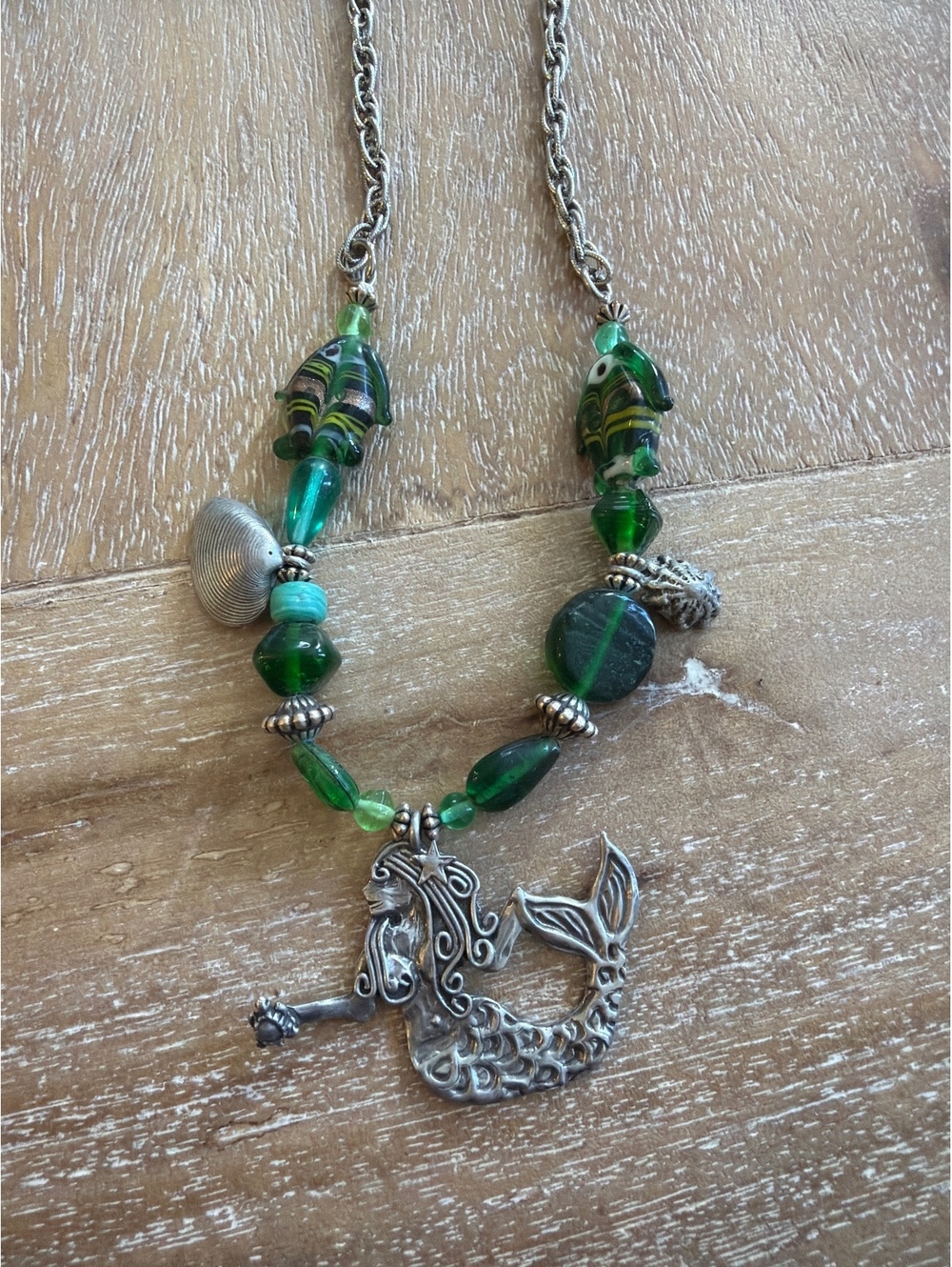 Unique Mermaid Pendant Necklace with Green Beads and Silver Chain